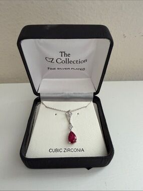Silver-Plated Necklace with Red Teardrop Pendant